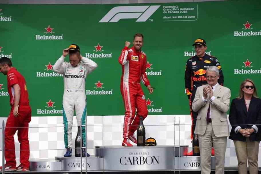 Il podio del GP del Canada: Vettel vince su Bottas e Verstappen. LaPresse